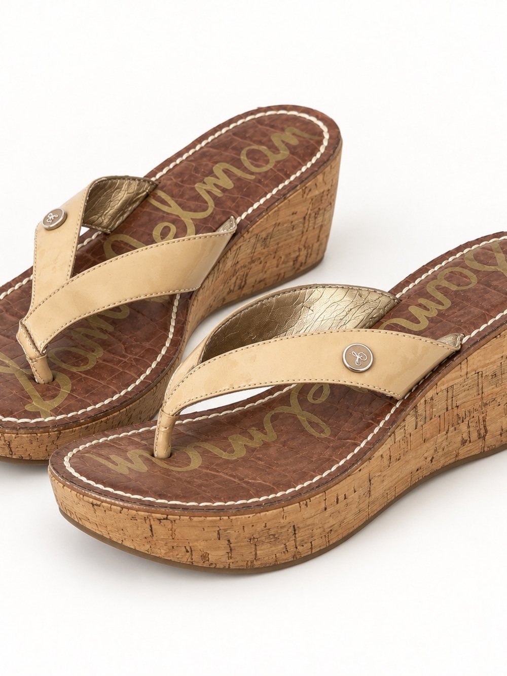 Sam Edelman Women’s Size 6M Beige Patent Cork Wedge Thong Sandals Heels
